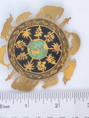 Vintage Silver Forest One 1 World Black Enamel Brass 3" Brooch